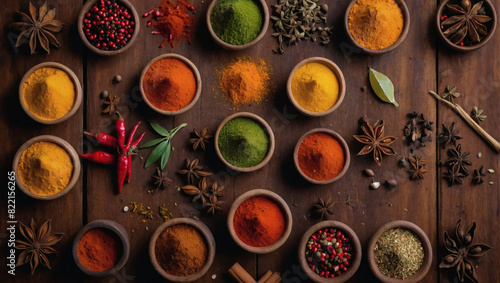 Vibrant Spices Arranged on Wooden Table