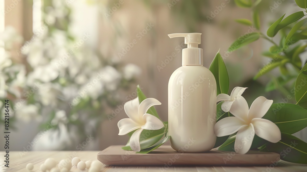 An elegant bottle of vanilla and jasmine body lotion with a pump dispenser An elegant bottle of vanilla and jasmine body lotion with a pump dispenser
