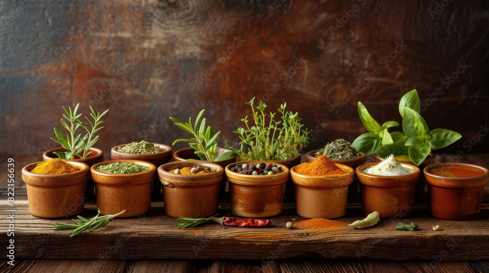 A harmonious display of aromatic herbs and spices in small containers on a wooden background, perfect for food enthusiasts or health-conscious designs. A harmonious display of aromatic herbs and spices in small containers on a wooden background, perfect for food enthusiasts or health-conscious designs.