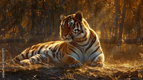 A mesmerizing scene unfolds as an Amur tiger lies serenely in a sunlit area  the golden light accentuating the exquisite details of its coat and exuding natural elegance.