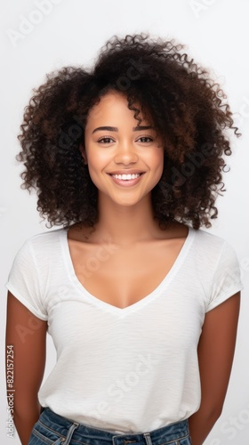 White background Happy black independant powerful Woman realistic person portrait of young beautiful Smiling girl Isolated on Background ethnic diversity equality acceptance 