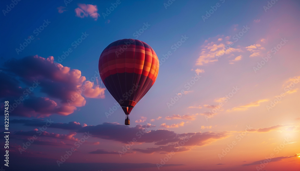 Obraz premium a close-up image of a hot air balloon ascending into the sky, its silhouette strikingly contrasted against the deep blue expanse and the soft, glowing light of dawn, Silhouette, Ho