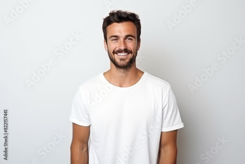 White background Happy european white man realistic person portrait of young beautiful Smiling man good mood Isolated on Background Banner with copyspace blank empty copy space 