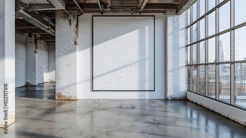 A blank white square frame was hanging on the wall of an industrial warehouse with concrete floors and high ceilings. The room was well lit, with large windows that provided natural light from outside photo