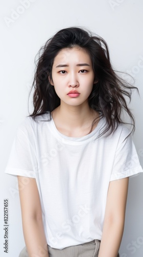 White background sad Asian Woman Portrait of young beautiful bad mood expression Woman Isolated on Background depression anxiety fear burn out health issue problem mental 