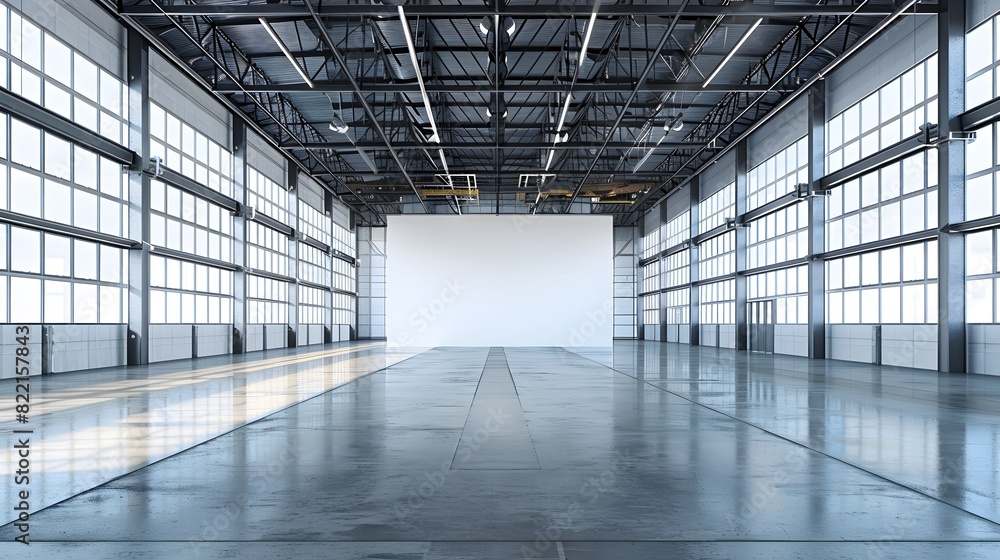 A blank white square frame was hanging on the wall of an industrial warehouse with concrete floors and high ceilings. The room was well lit, with large windows that provided natural light from outside A blank white square frame was hanging on the wall of an industrial warehouse with concrete floors and high ceilings. The room was well lit, with large windows that provided natural light from outside