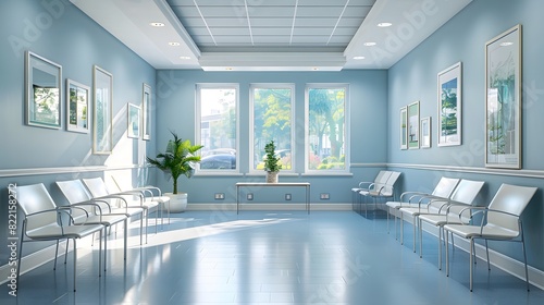 A clean, modern hospital waiting room with light blue walls and white chairs arranged along the wall. The windows at one end let in natural sunlight that illuminates the space. 