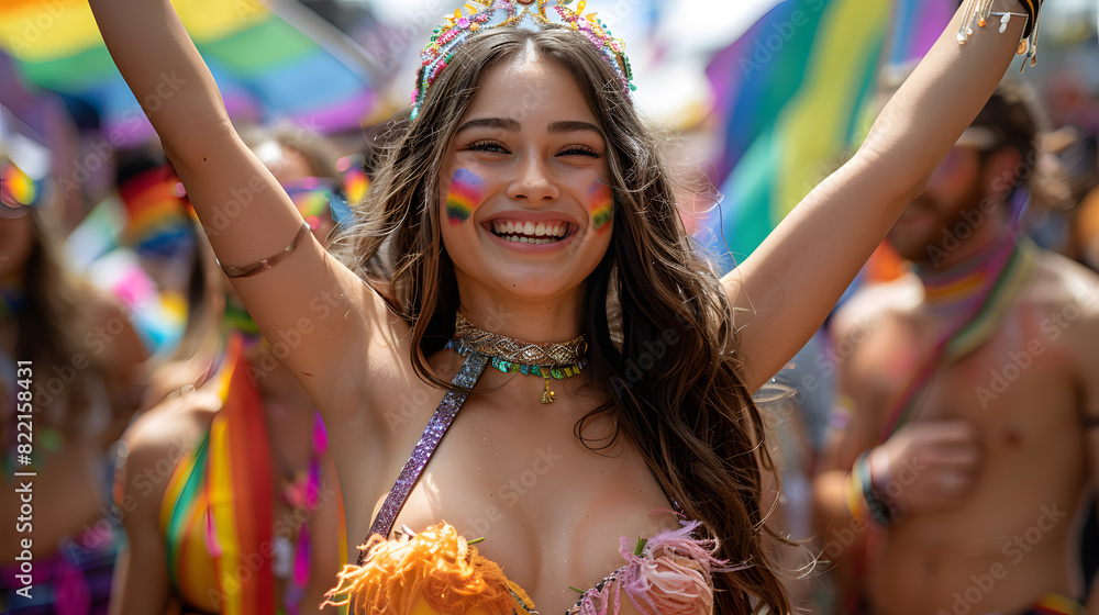 Fototapeta premium Beautiful woman joyful celebrating Pride month with a rainbow flag at a colorful parade, surround by a vibrant and diverse crowd. Unity, love, and inclusion in a lively festival event.