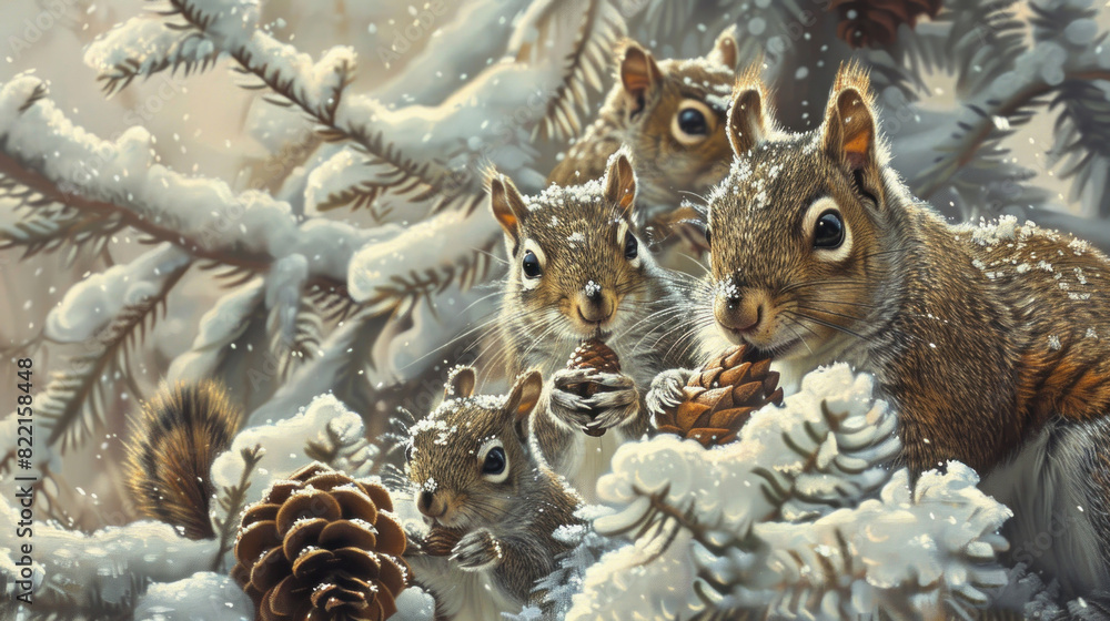 Obraz premium A squirrel family gathering pine cones among frost-covered trees, the intricate details of the snowflakes and the warm hues of their fur painting a picture of life thriving in the cold.