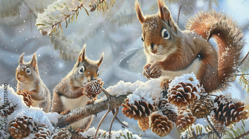 A squirrel family gathering pine cones among frost-covered trees, the intricate details of the snowflakes and the warm hues of their fur painting a picture of life thriving in the cold. photo