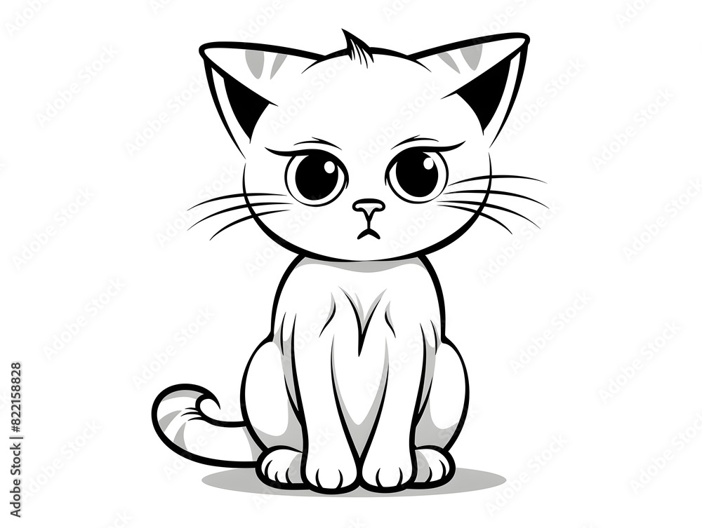 Fototapeta premium Coloring page outline simple illustration of a sad cat, white background 