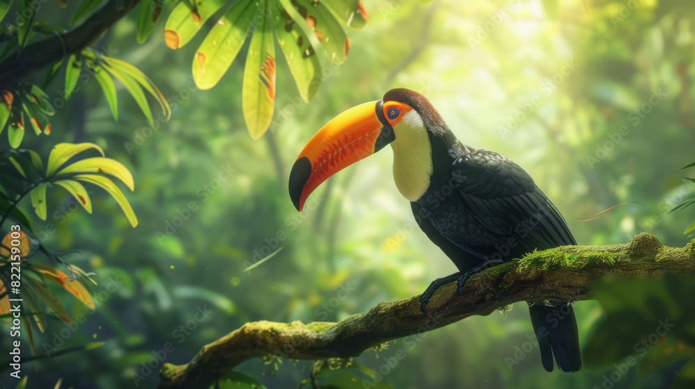 Obraz premium A toucan in profile, perched on a gnarled branch, with the lush green tropical forest providing a perfect backdrop.