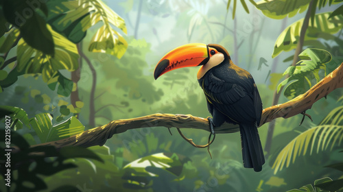 A toucan in profile  perched on a gnarled branch  with the lush green tropical forest providing a perfect backdrop.