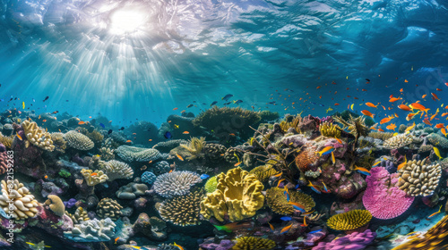 A vibrant coral reef teeming with diverse marine life underwater.
