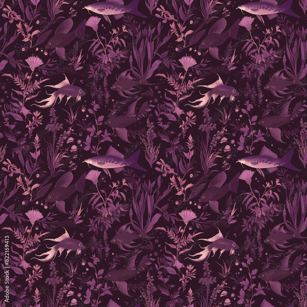 Seamless marine-themed pattern with detailed illustrations of various fish and aquatic plants in shades of purple, ideal for underwater decoration and ocean-inspired designs Seamless marine-themed pattern with detailed illustrations of various fish and aquatic plants in shades of purple, ideal for underwater decoration and ocean-inspired designs