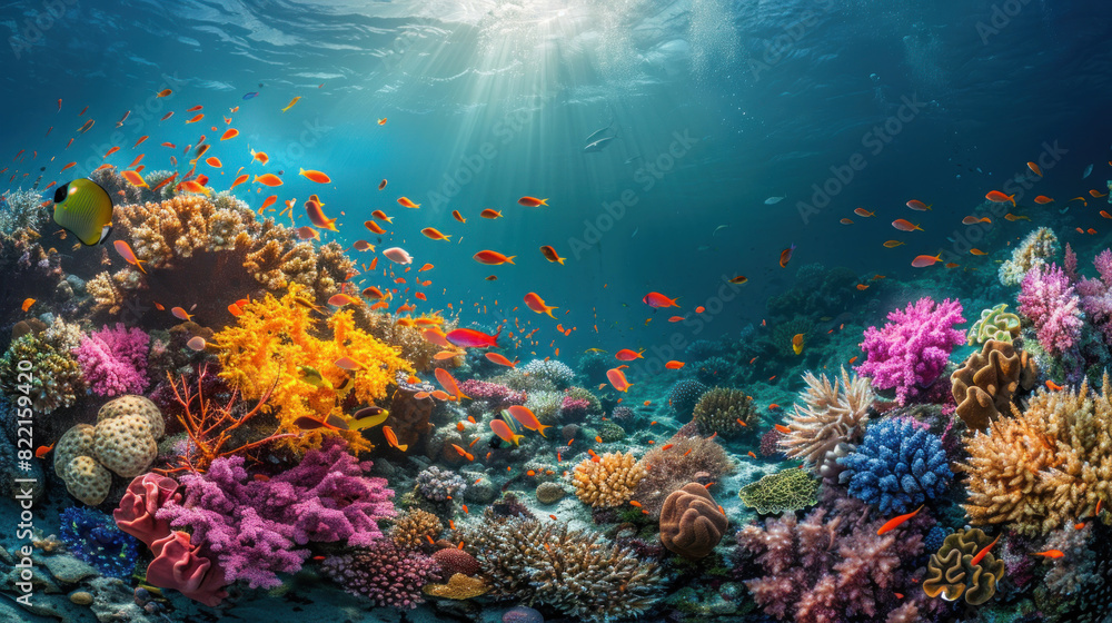 A vibrant coral reef teeming with diverse marine life underwater.