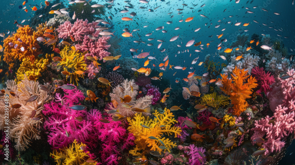A vibrant coral reef teeming with diverse marine life underwater. A vibrant coral reef teeming with diverse marine life underwater.