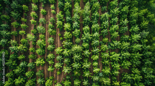 Above-ground perspective of a reforestation area  displaying organized rows of saplings  embodying the essence of sustainability and ecosystem regeneration from a bird s eye view.
