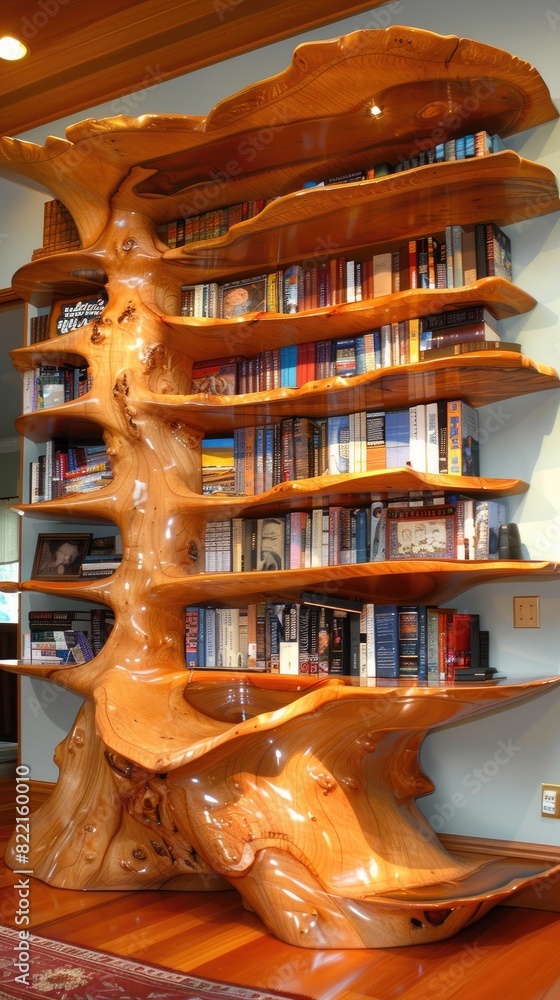 Obraz premium A sculptural bookshelf made of polished wood set against a minimalist living room backdrop