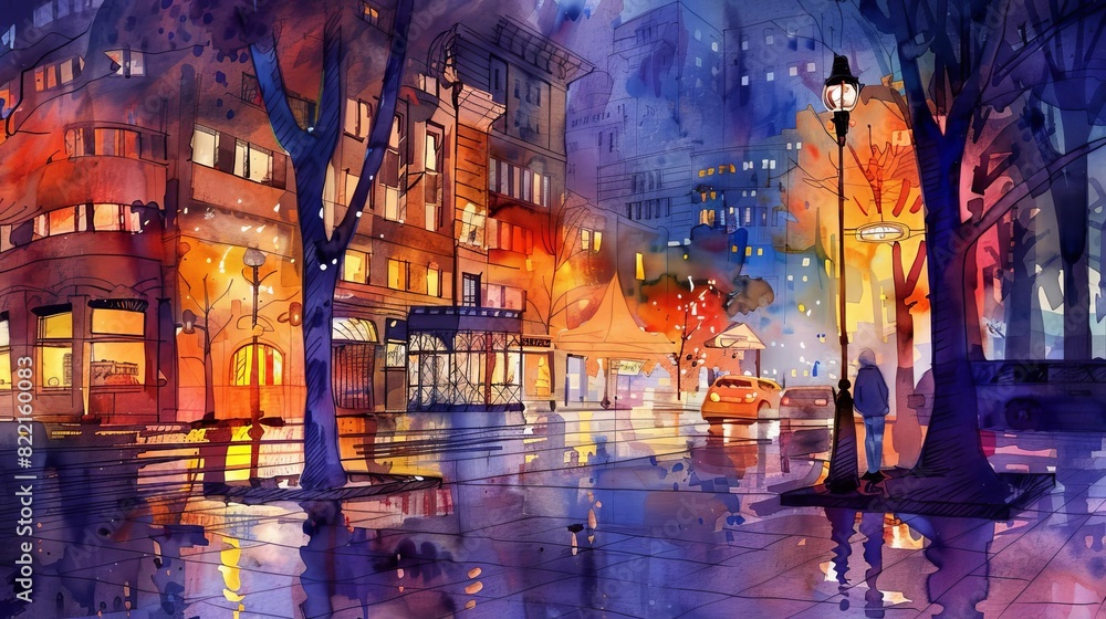 Create a watercolor painting of a cityscape street scene at night