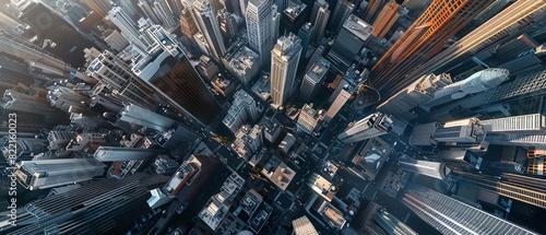 A top down view of a large city with skyscrapers and busy streets.