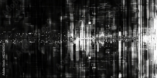 A black and white pattern of pixelated vertical lines, resembling static on an old television screen. The dense texture has small white dots 