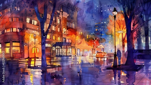 Create a watercolor painting of a cityscape street scene at night