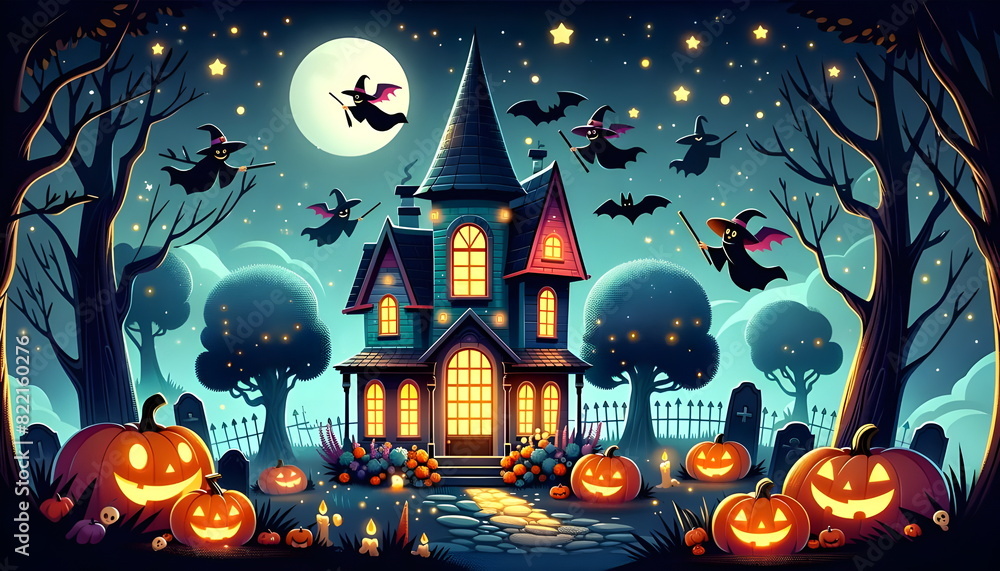 Fototapeta premium On a misty Halloween night, an eerie haunted house looms under the glow of a full moon. Shadowy figures appear in the broken windows, and the creaky gates seem to groan with the whisper of the wind. 