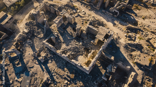 An aerial view of a destroyed cultural heritage site, the collapsed structures and wreckage telling a poignant story of war's impact on heritage and identity.