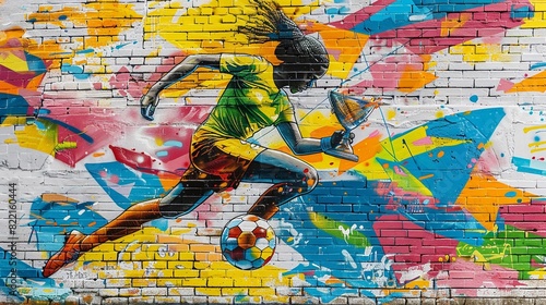 Colorful brick wall with colorful woman soccer player is kicking the ball, gr...