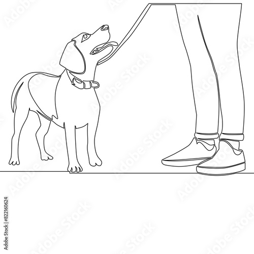 Continuous one single line drawing A person with a dog on a leash icon vector illustration concept