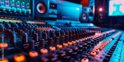 Professional audio mixing console in modern recording studio with vibrant lighting 