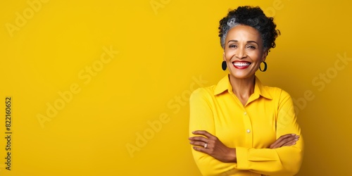 Yellow Background Happy black american independant powerful man. Portrait of older mid aged person beautiful Smiling boy Isolated on 