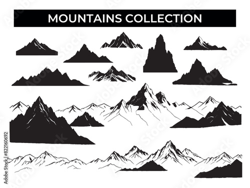 Collection of Mountain Silhouettes on White Background