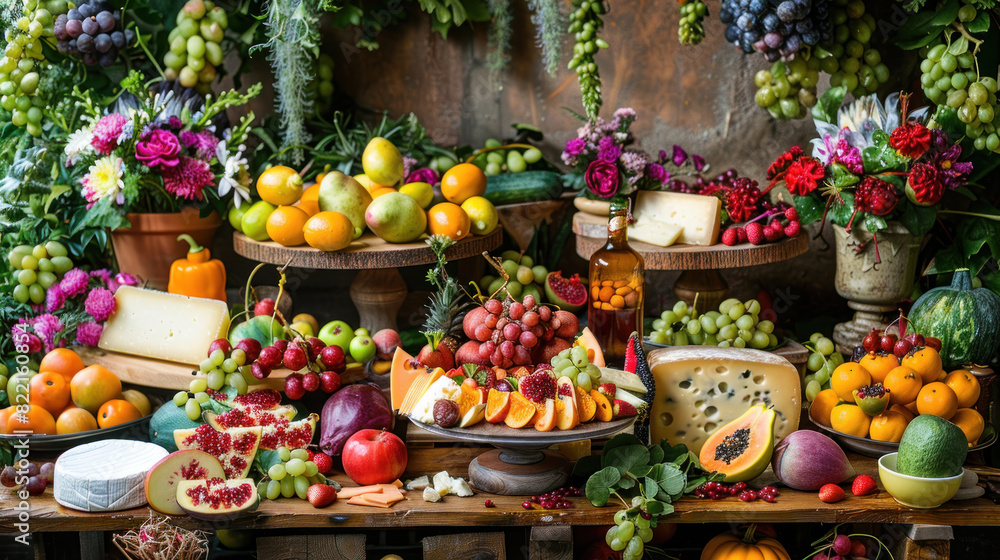 An enticing array of exotic fruits and cheeses beautifully arranged on a rustic wooden table, creating a colorful and appetizing display. An enticing array of exotic fruits and cheeses beautifully arranged on a rustic wooden table, creating a colorful and appetizing display.