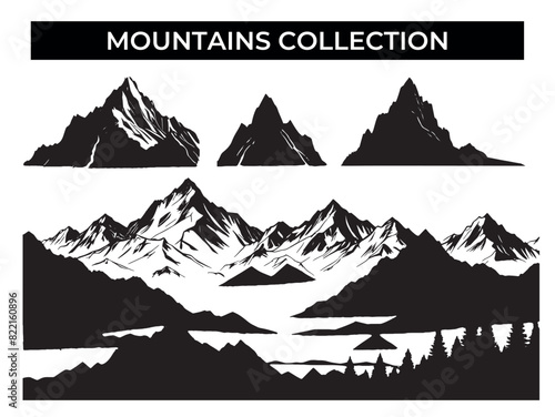 Set of Mountains Silhouettes on White Background