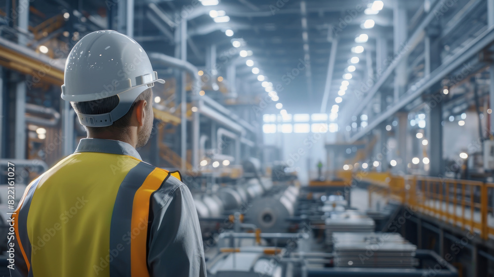 An industrial engineer in a hard hat and safety vest, surveying a bustling production floor filled with machinery, ensuring smooth operations and efficiency. An industrial engineer in a hard hat and safety vest, surveying a bustling production floor filled with machinery, ensuring smooth operations and efficiency.