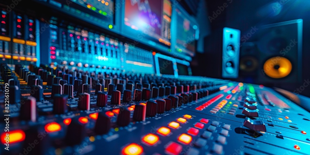 Fototapeta premium Professional audio mixing console in modern recording studio with vibrant lighting 
