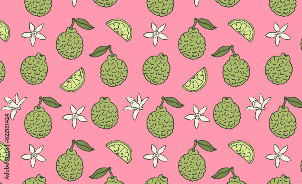 Bergamot fruit with flower and slices hand drawn seamless pattern. Fragrant citrus fruits pink background. Herbal and botanical concept. Bergamot fruit with flower and slices hand drawn seamless pattern. Fragrant citrus fruits pink background. Herbal and botanical concept.