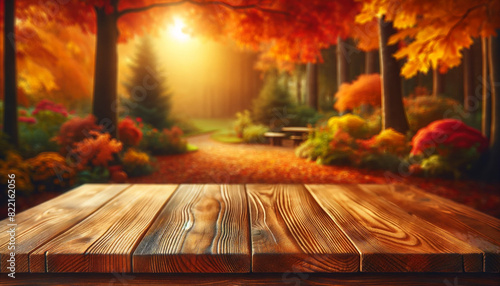 detailed photo of an empty wooden table top with a blurred background of autumn foliage