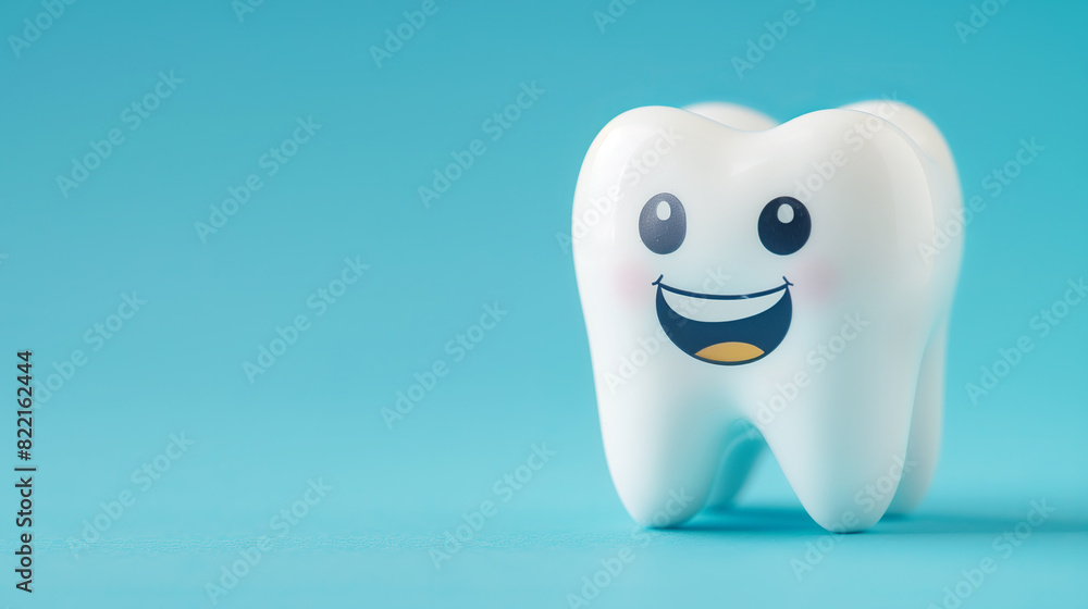 Cheerful smiling cartoon white tooth on a blue background. Pediatric dentistry banner. Copy space Cheerful smiling cartoon white tooth on a blue background. Pediatric dentistry banner. Copy space