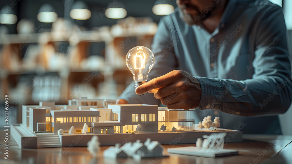 Architect Holding Light Bulb and Building Model Concept in Innovative Architectural Design Architect Holding Light Bulb and Building Model Concept in Innovative Architectural Design