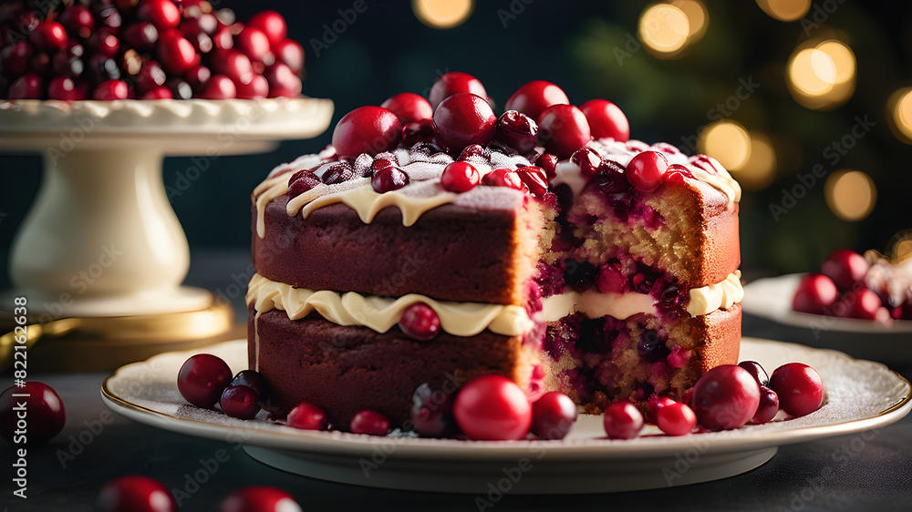 Taste a slice of cranberry cake, a baked gourmet dessert bursting with sweet cranberry flavor. Topped with luscious cream, it's a delicious and festive treat. Taste a slice of cranberry cake, a baked gourmet dessert bursting with sweet cranberry flavor. Topped with luscious cream, it's a delicious and festive treat.