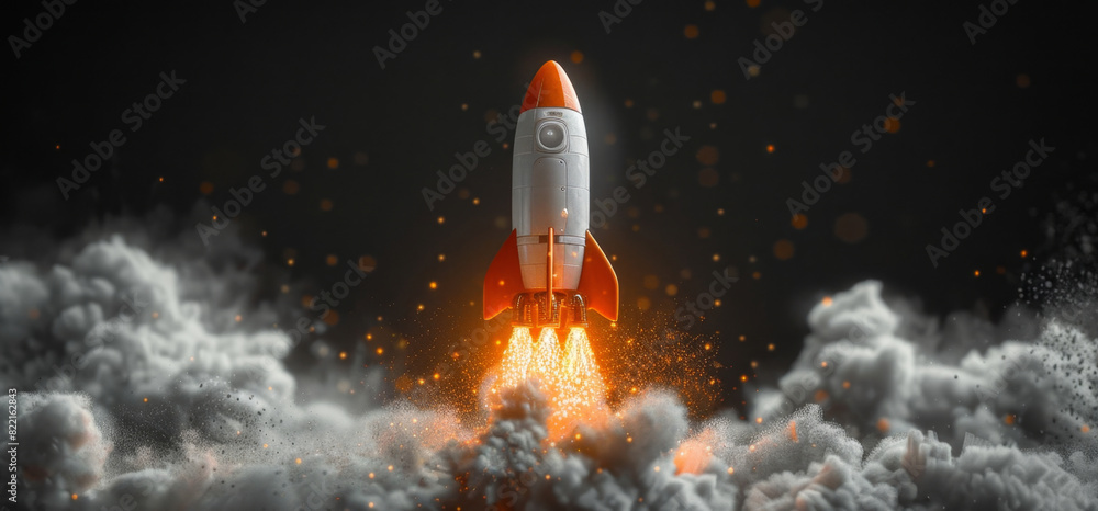 Naklejka premium A rocket with red accents is lifting off, leaving a trail of smoke and flames against a nighttime sky.