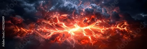 A red lightning bolt with orange and black background, sky full of dark clouds, dark red orange thunderstorm, red orange lightning effect. electric texture, banner