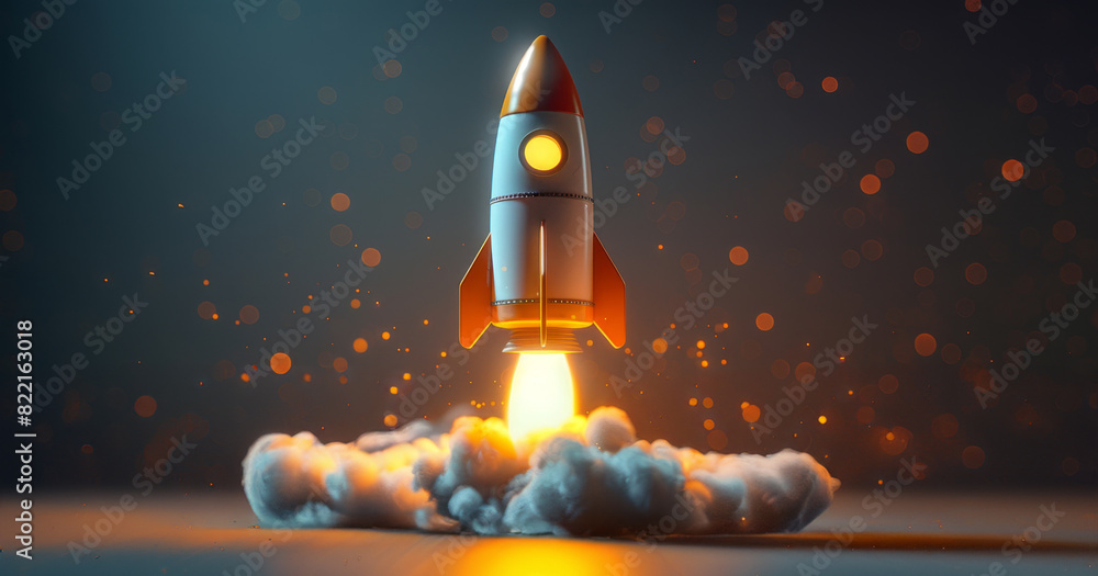 A rocket launching with flames and smoke, ascending into the dark night sky filled with stars. A rocket launching with flames and smoke, ascending into the dark night sky filled with stars.