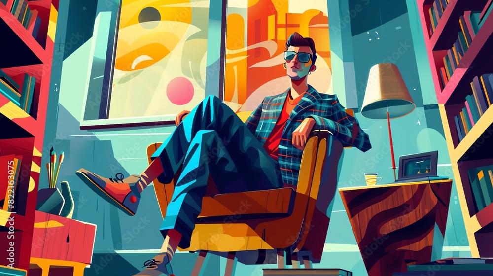 Vibrant artwork featuring a stylish man sitting in a modern, colorful room filled with books, art, and furniture. Vibrant artwork featuring a stylish man sitting in a modern, colorful room filled with books, art, and furniture.