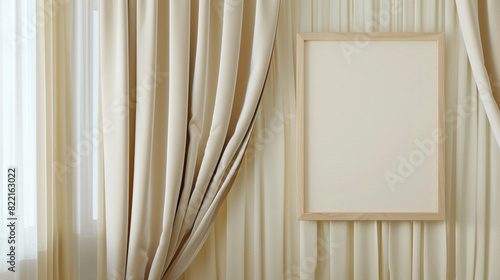 Gallery display with a light wood portrait blank frame and luxurious cream velvet drapes. photo