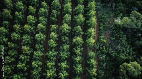 Captivating aerial shot of a reforestation site, revealing orderly lines of recently planted trees, embodying dedication to combating deforestation and enhancing green landscapes. photo