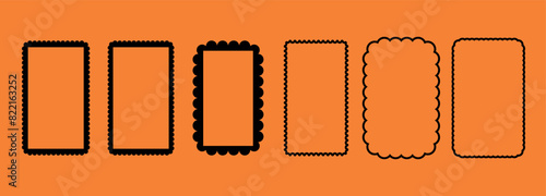 Lace scallop frame border. Cute frill rectangle edge. Retro wavy squiggle ornament. Curly groovy framework design. Vertical social media story rectangular label. Different wiggle box outline cutout